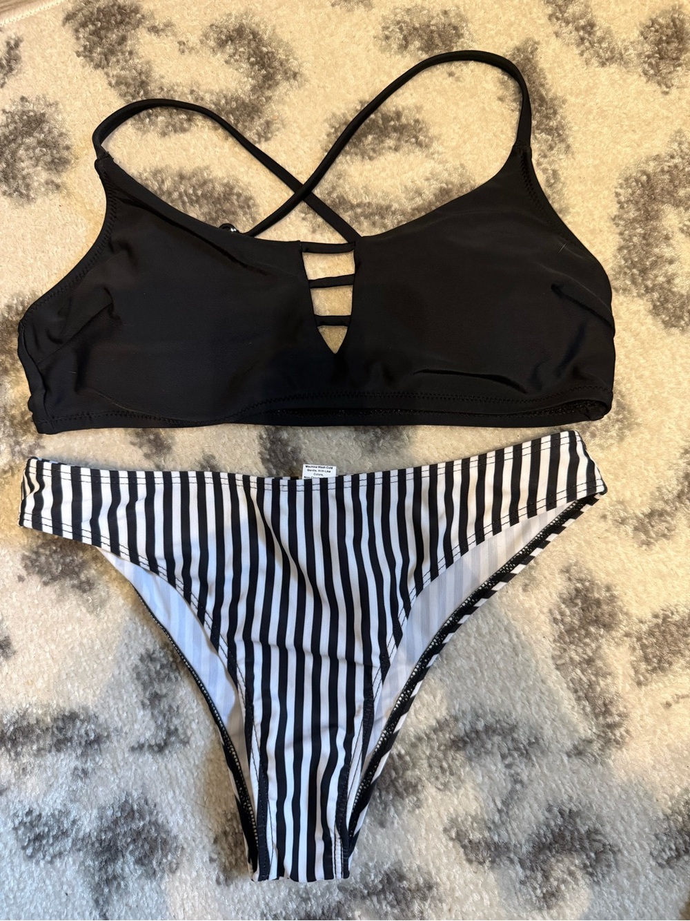 SHEIN Black Strappy Bikini Top with Black & White Striped Bottom